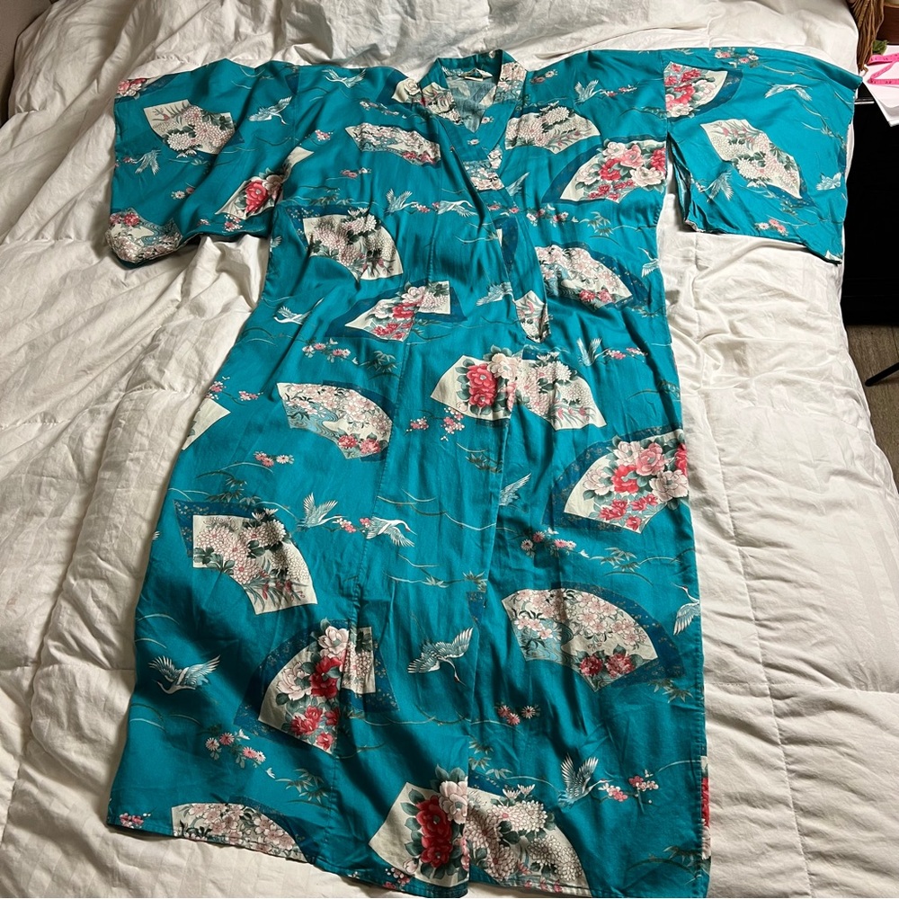 Vintage Ichi Ban Made in Japan Kimono Robe Crane Fan Print Teal Duster Size 56